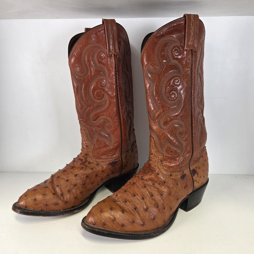 VTG Tony Lama Boots Mens 9.5 Brown Leather Ostrich Cowboy Western USA Round Toe